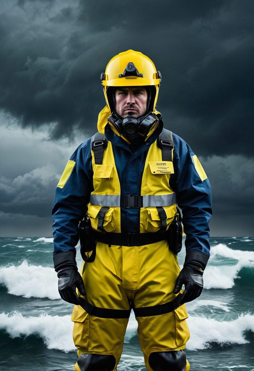 A strong and vigilant figure wearing modern safety gear stands confidently in a stormy environment, symbolizing protection against uncertainty. The backdrop features turbulent skies and a roaring sea, suggesting challenges ahead. In the foreground, robust safety measures like helmets, harnesses, and caution signs are artistically integrated. The color palette is a mix of dark blues and bright yellows to convey urgency and security. super-realistic. vibrant colors.
