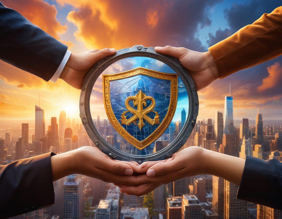 A strong, protective shield symbolizing trust and assurance, with vibrant hands encircling it to indicate unity and support. In the background, a secure city skyline under a bright, optimistic sky to represent a safe future. Infuse elements like glowing locks and safe symbols around the shield for added emphasis on security. super-realistic. vibrant colors. clear focus.