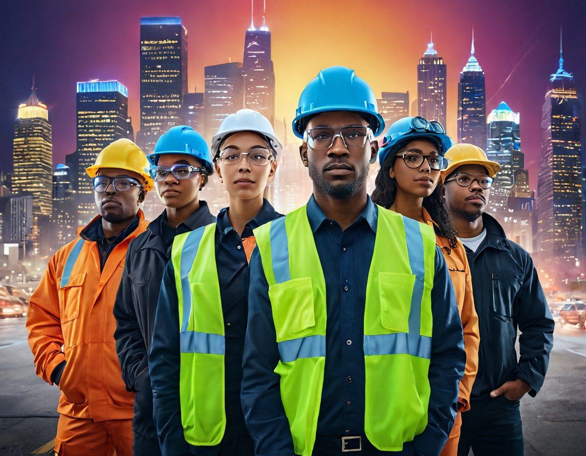 A visual representation of a diverse group of people standing together, confidently shielded by a large, protective shield that incorporates various safety symbols (like a hard hat, first aid kit, and safety goggles) glowing with vibrant energy. The background features a bright, optimistic city skyline, symbolizing a secure future. Bright colors and a dynamic composition convey hope and unity. super-realistic. vibrant colors. white background.